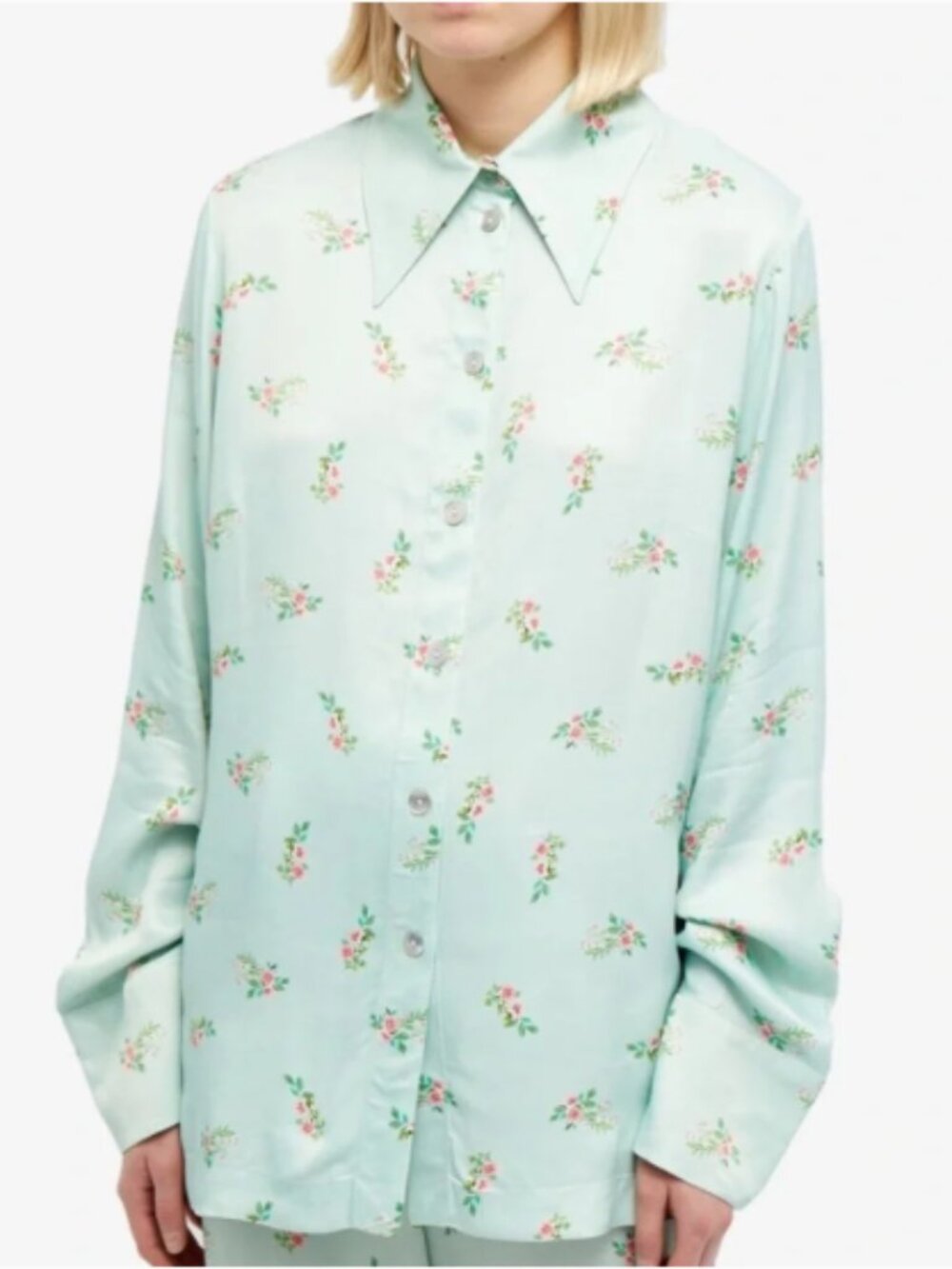 Sleeper Blossom Floral Print Button Down Shirt Mint Green Size XS